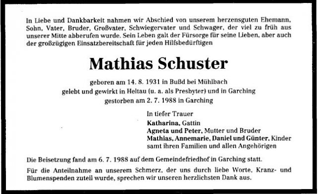 Schuster Mathias 1931-1988 Todesanzeige